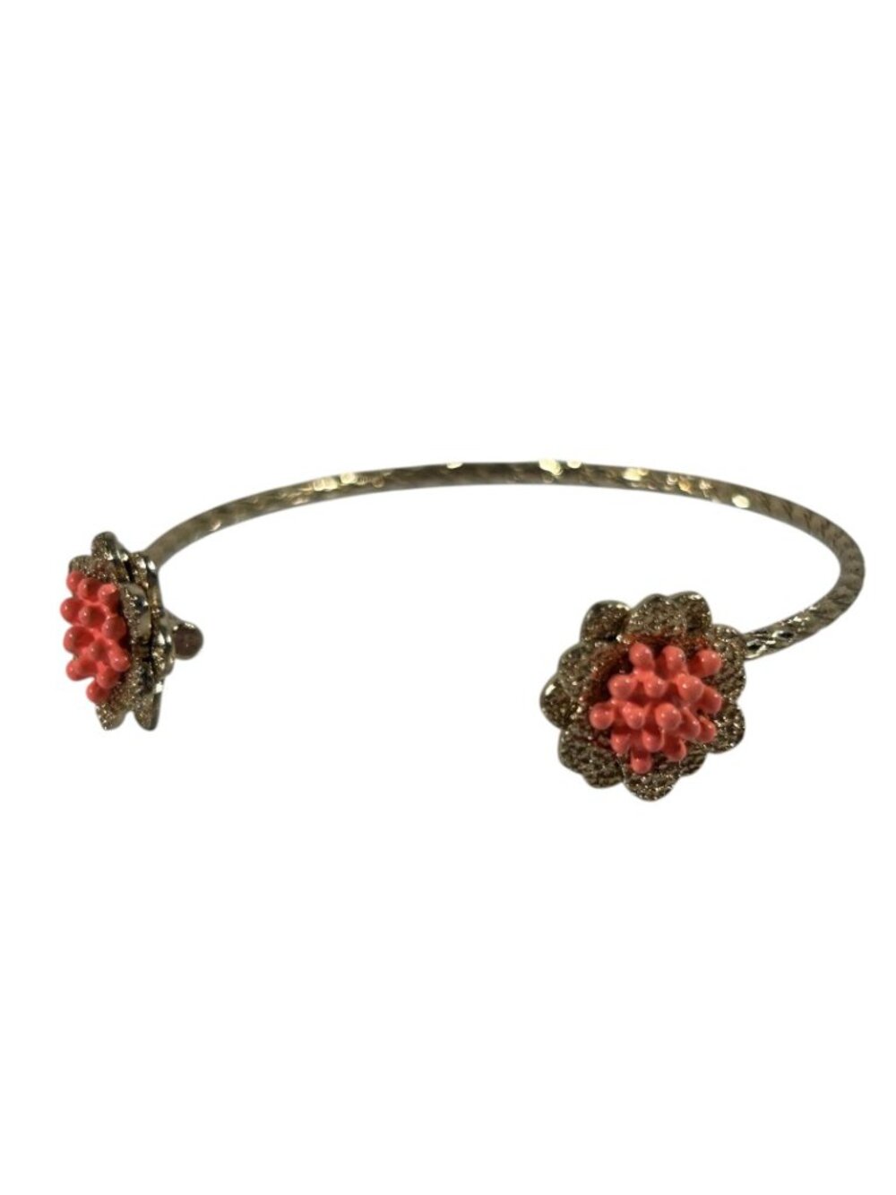 Gold Tone Hammered Open Cuff Bracelet Pink Beaded Flower Floral Statement Bangle